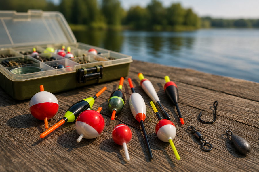 Colorful bobbers and floats arranged on a wooden surface near a lake.