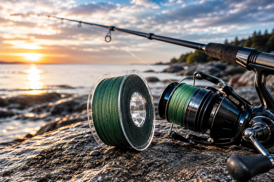 Braided fishing line and reel on rocky shore at sunset.