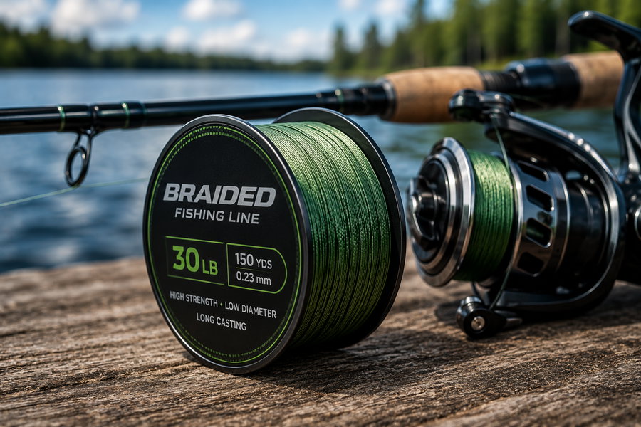 Braided fishing line spool next to a fishing rod and reel by the water.