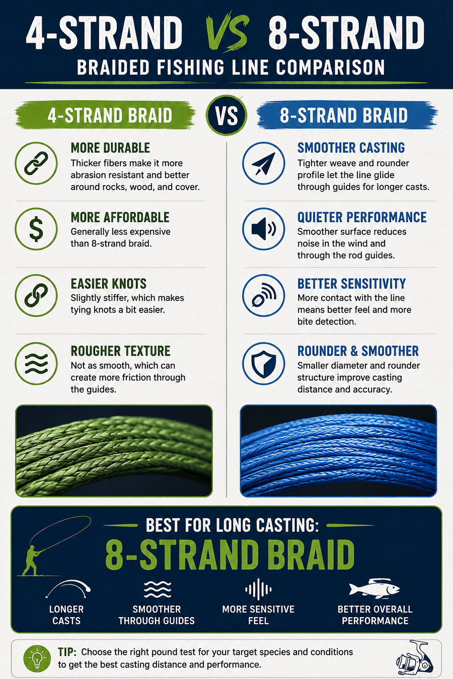 Comparison chart of 4-strand and 8-strand braided fishing lines.