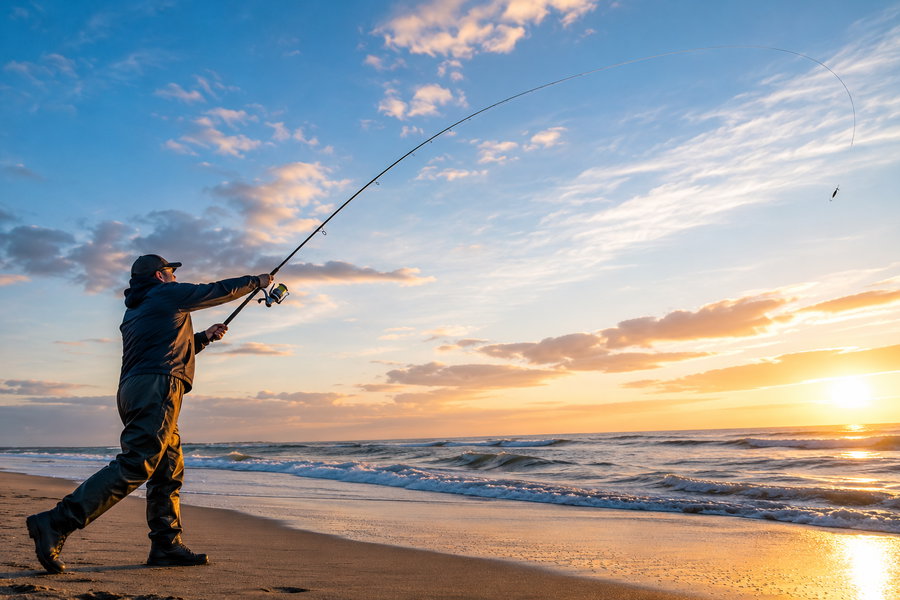 Fisherman casting a line into the ocean at sunset.