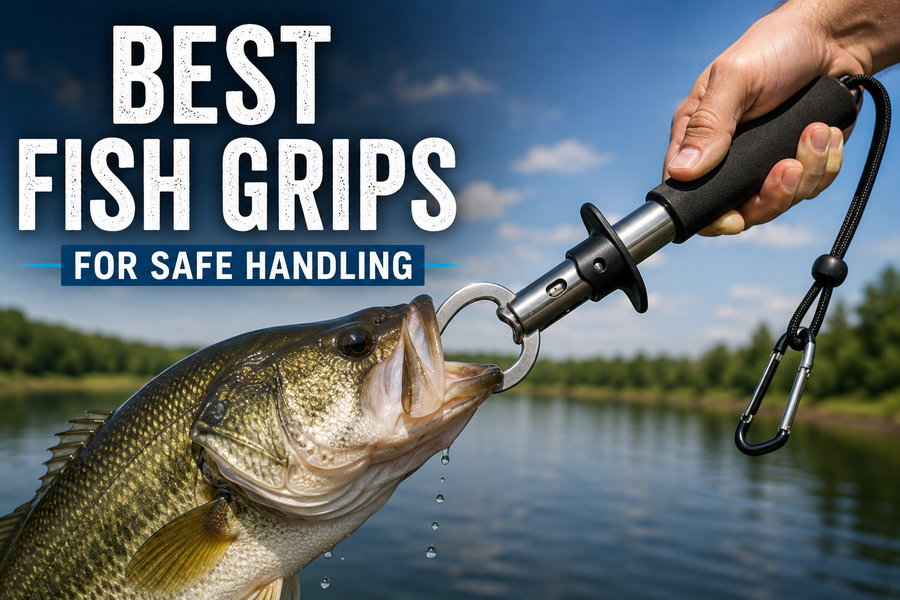 A person using fish grips to safely handle a large fish by a lake.