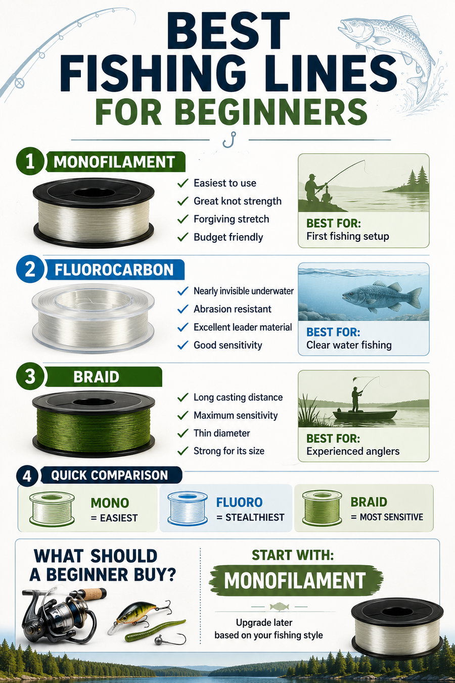 Infographic comparing the best fishing lines for beginners, featuring monofilament, fluorocarbon, and braid.
