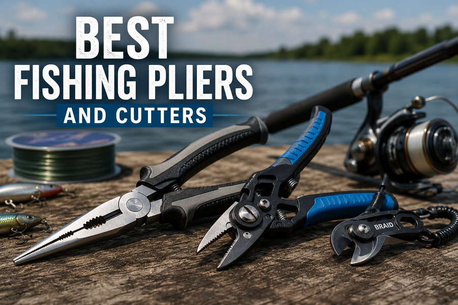 Fishing pliers and cutters displayed on a wooden surface by the water.
