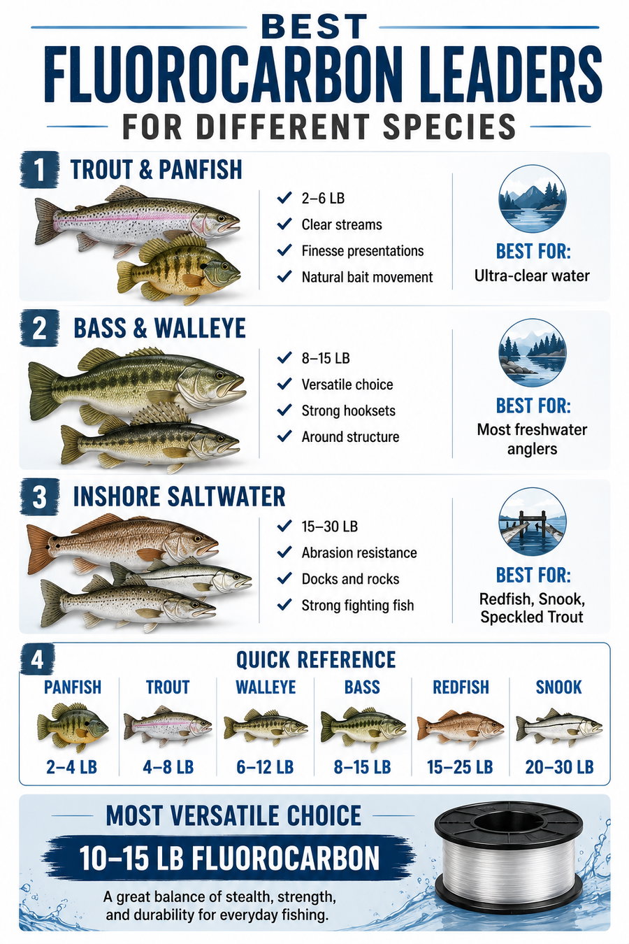 Best fluorocarbon leader strengths for different fish species.