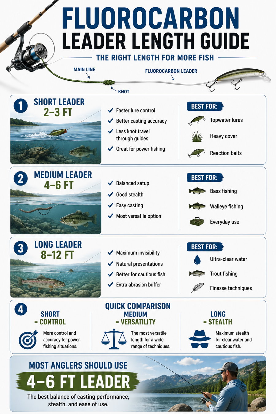Fluorocarbon leader length guide for clear water fishing.
