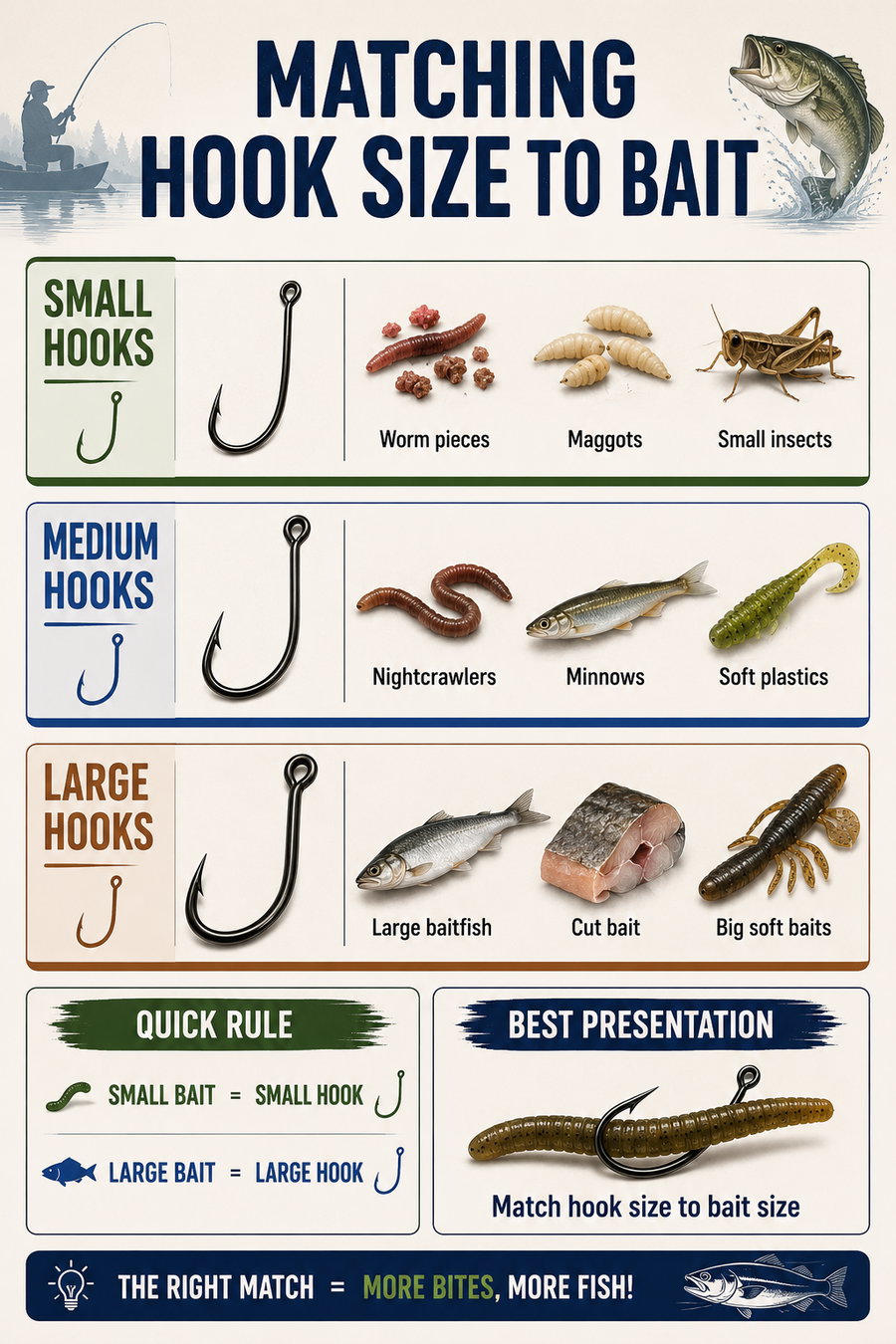 Guide to matching hook sizes with appropriate bait types for fishing.