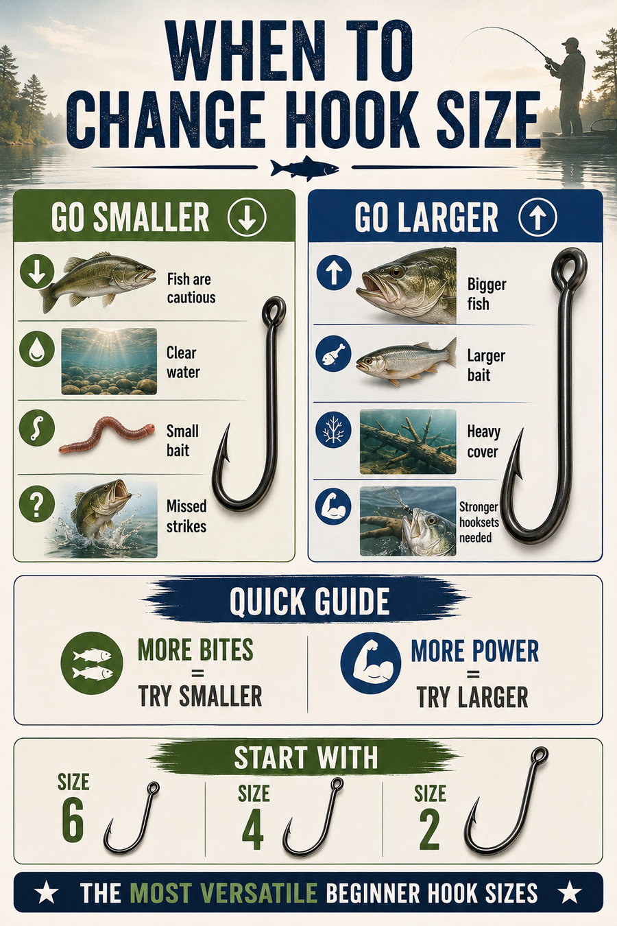 Guide for choosing hook sizes based on fishing conditions and fish behavior.