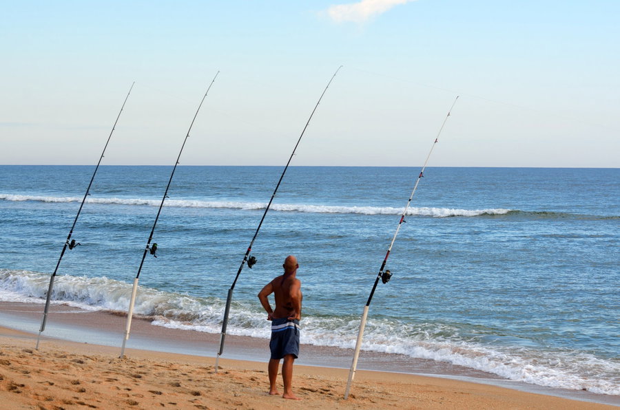 A person stands on the beach, watching fishing rods set in the sand.