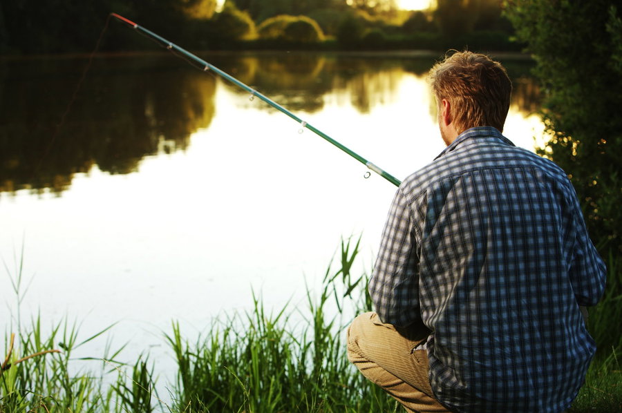 Man fishing by a serene lake during sunset, surrounded by lush greenery.