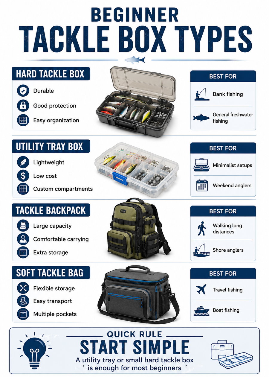 Beginner tackle box types with descriptions and best uses for each option.