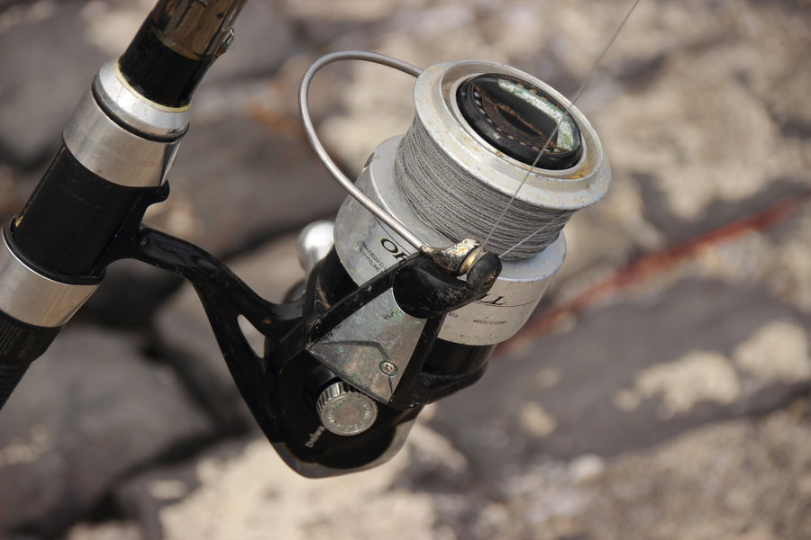 Fishing reel with line, mounted on a black fishing rod.