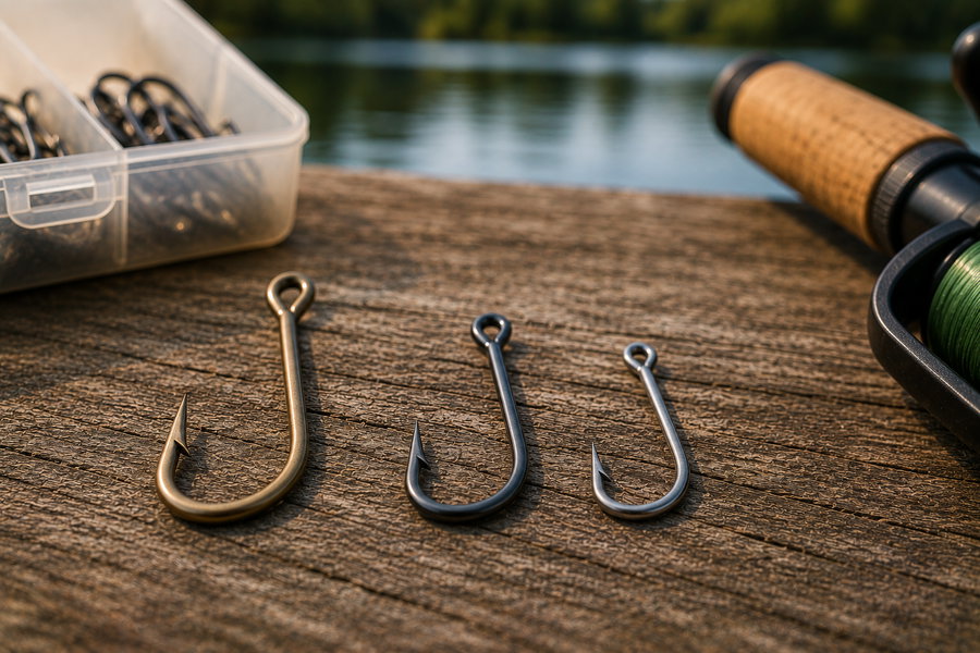 Three fishing hooks of varying sizes on a wooden surface by the water.