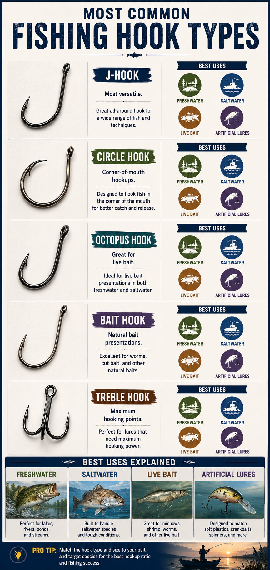 Guide to common fishing hook types and their best uses.