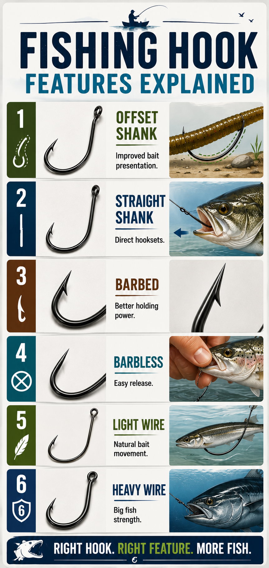 Fishing hook types and features, including offset, straight, barbed, and barbless designs.