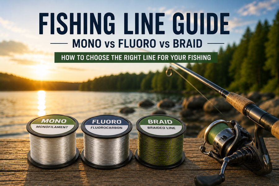 Three types of fishing line spools on a wooden surface by a lake.