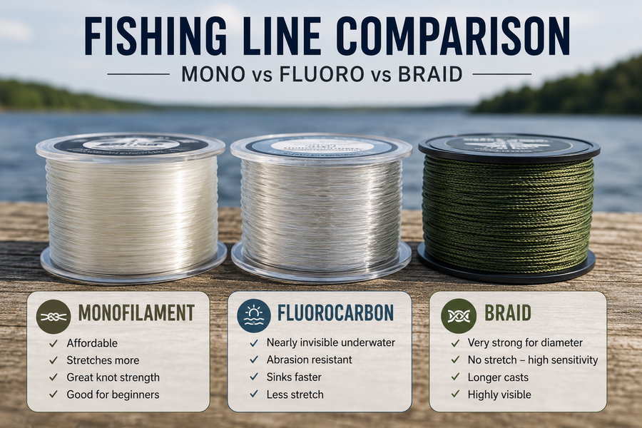 Comparison of monofilament, fluorocarbon, and braid fishing lines on a wooden surface.