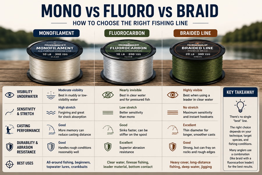 Comparison chart of monofilament, fluorocarbon, and braided fishing lines.