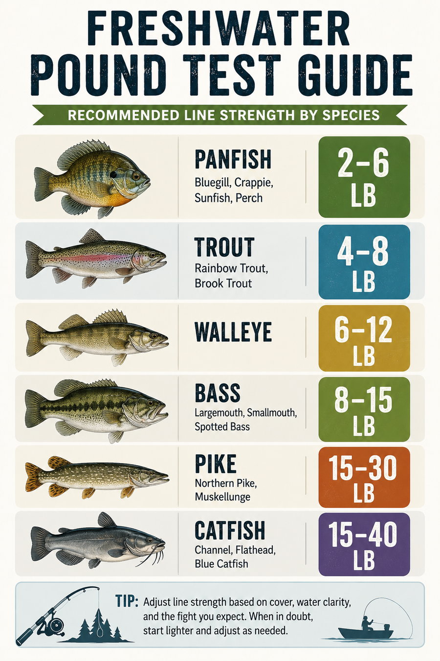 Freshwater pound test guide with recommended line strength for various fish species.