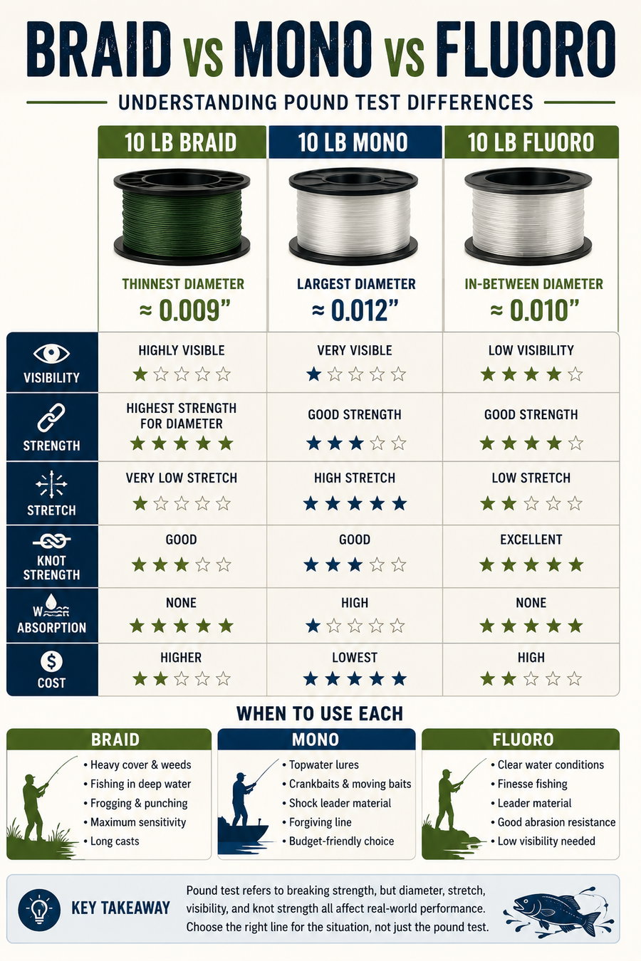 Comparison chart of fishing line types: braid, mono, and fluorocarbon.