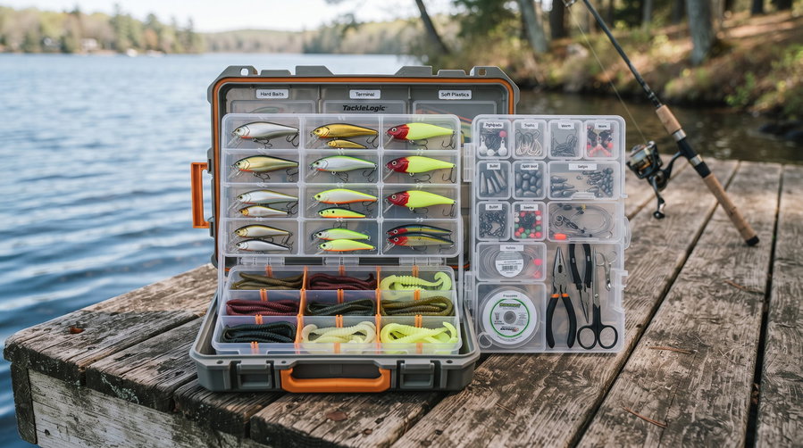 Organized tackle box with various fishing lures and tools on a wooden dock.