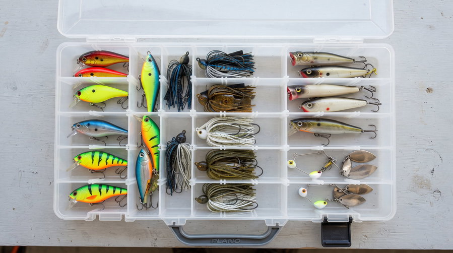 Colorful fishing lures and tackle organized in a clear plastic tackle box.