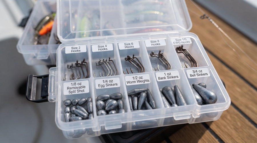 Organized tackle box with labeled compartments for fishing hooks and weights.