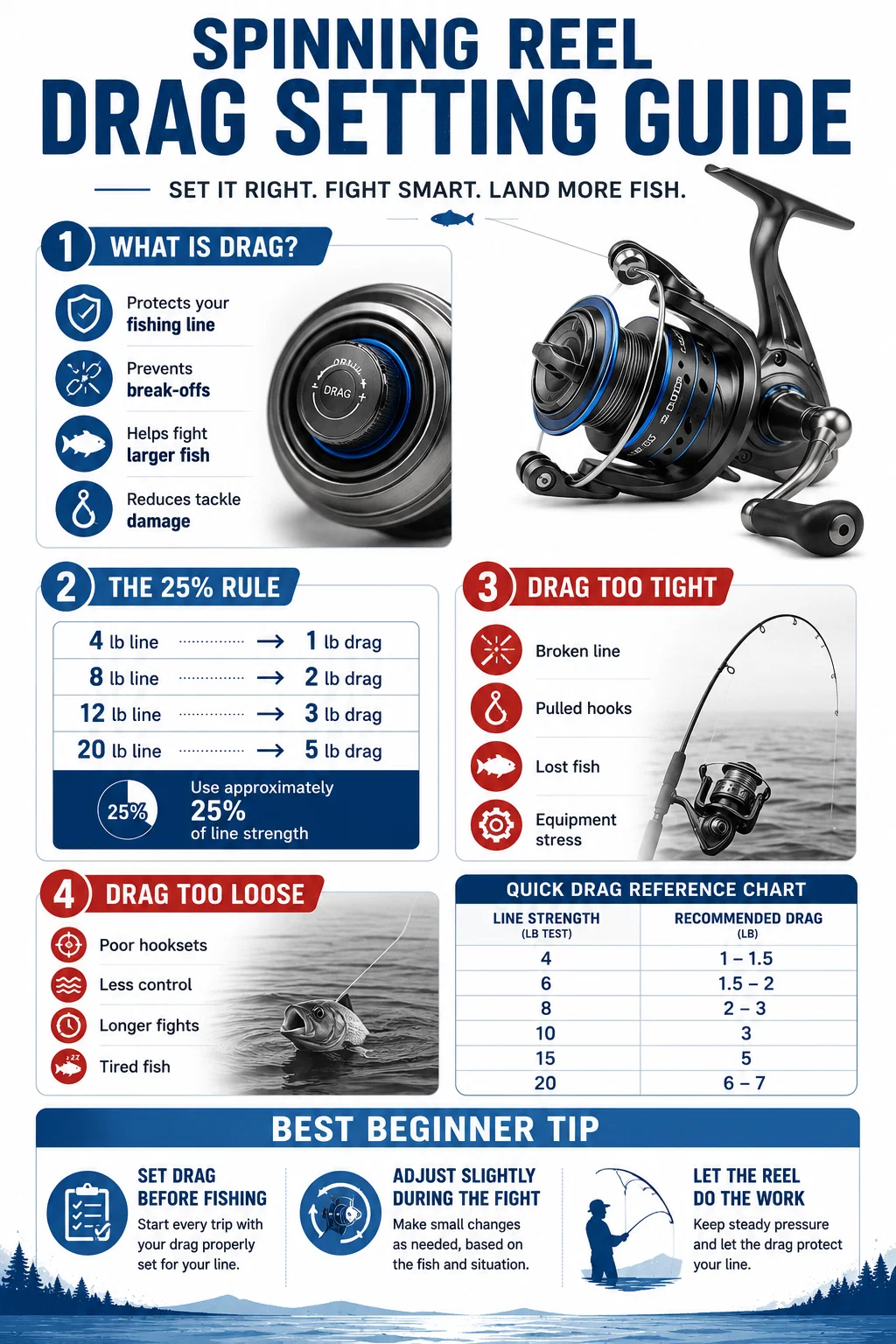 Spinning reel drag setting guide showing the 25 percent rule, recommended drag settings, and common beginner mistakes.