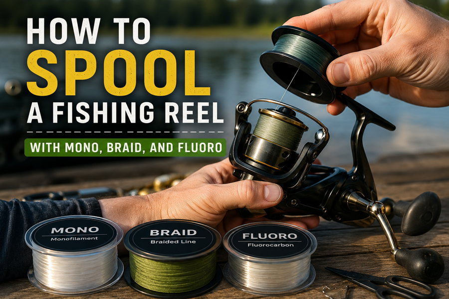 Hands spooling a fishing reel with green line, surrounded by mono, braid, and fluoro spools.