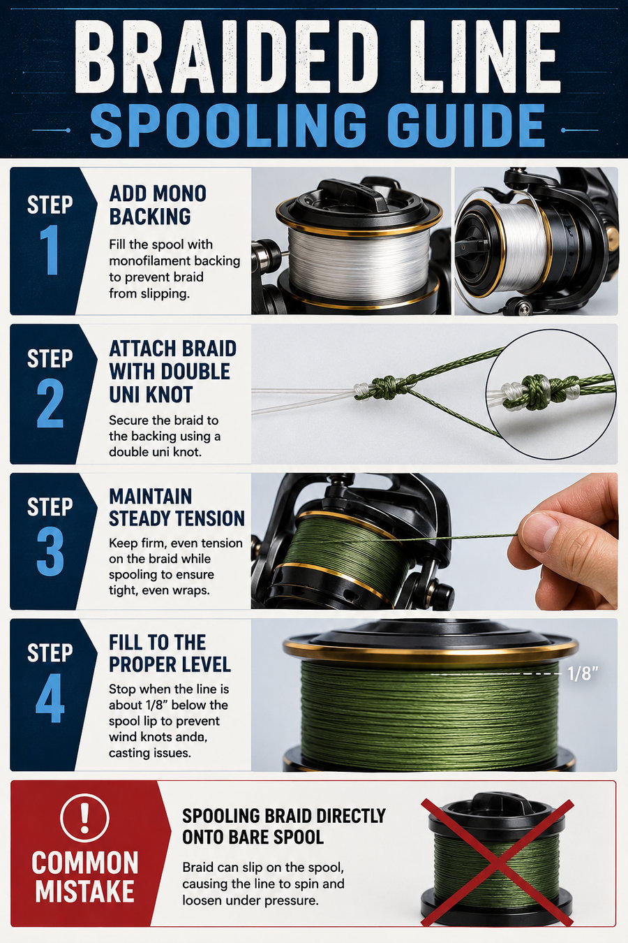 Braided line spooling guide with step-by-step instructions and visuals.