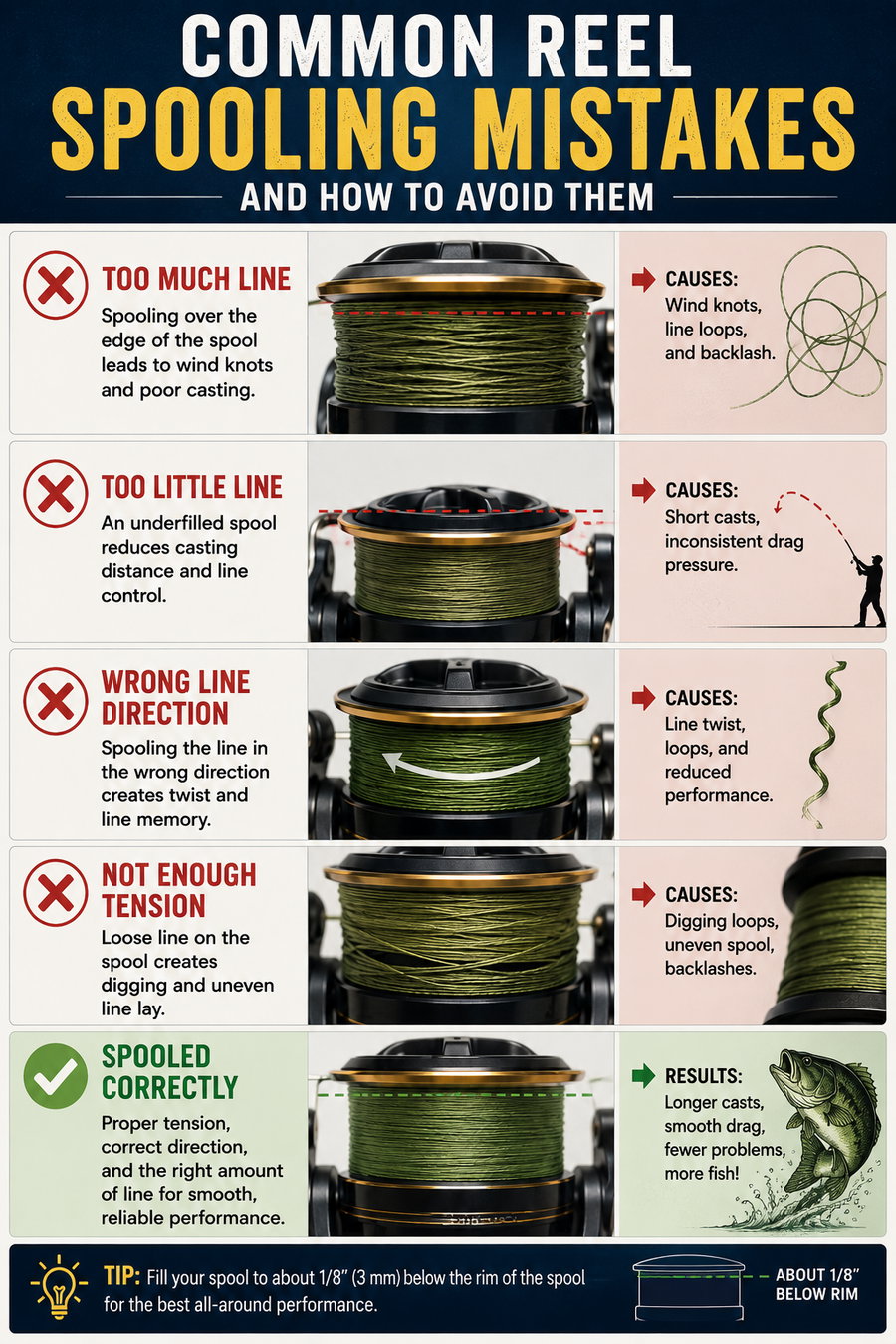 Common fishing reel spooling mistakes and tips for proper line management.