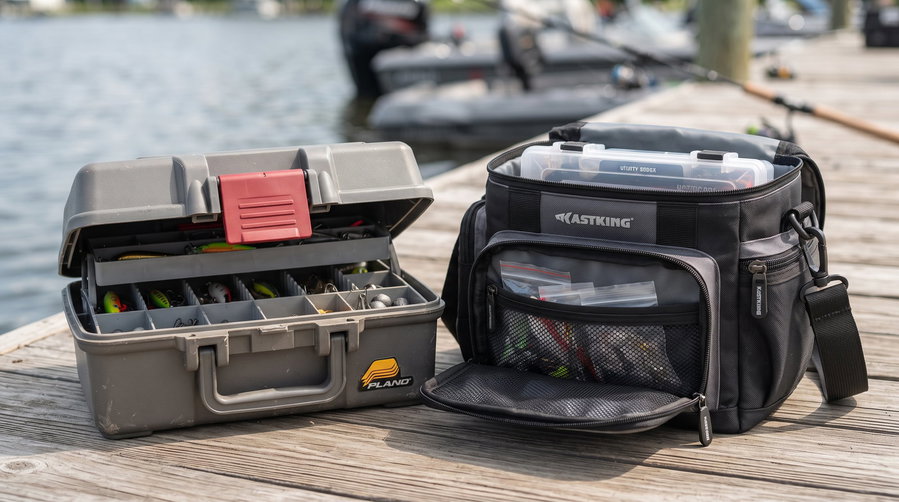 Soft and hard tackle boxes displayed on a wooden dock by the water.