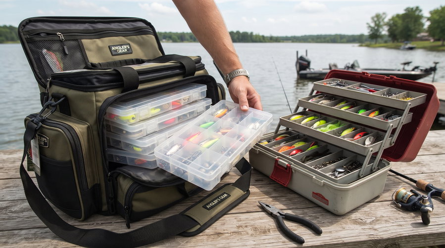 Soft and hard tackle boxes displayed by a lake, showcasing fishing gear organization.