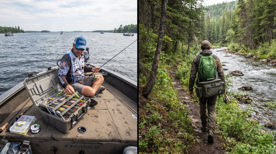 Angler organizing tackle in a boat, with a scenic lake backdrop.