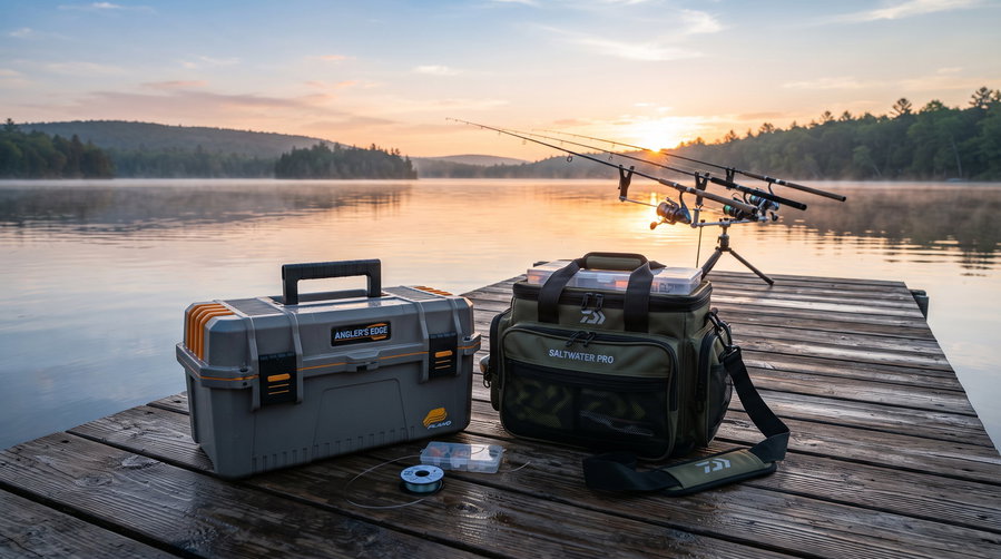 Soft and hard tackle boxes on a wooden dock by a serene lake at sunrise.