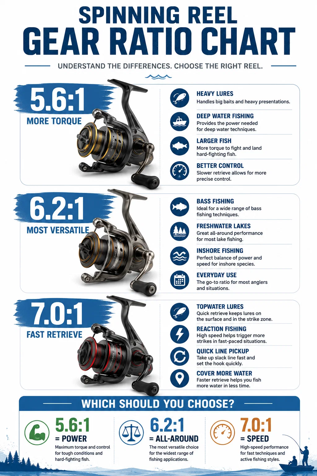 Spinning reel gear ratio chart comparing 5.6:1, 6.2:1, and 7.0:1 reels.