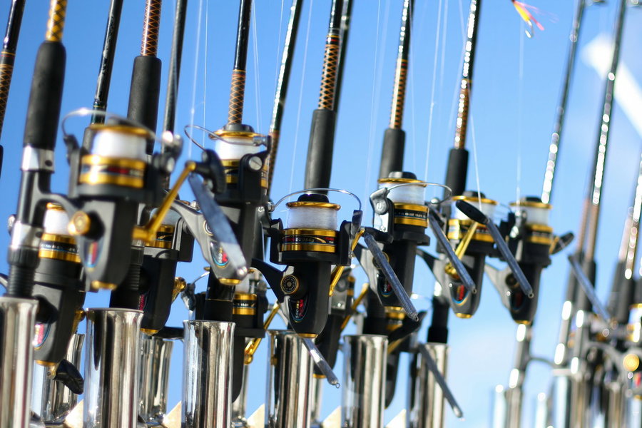 Fishing rods with spinning reels arranged in a row against a blue sky.