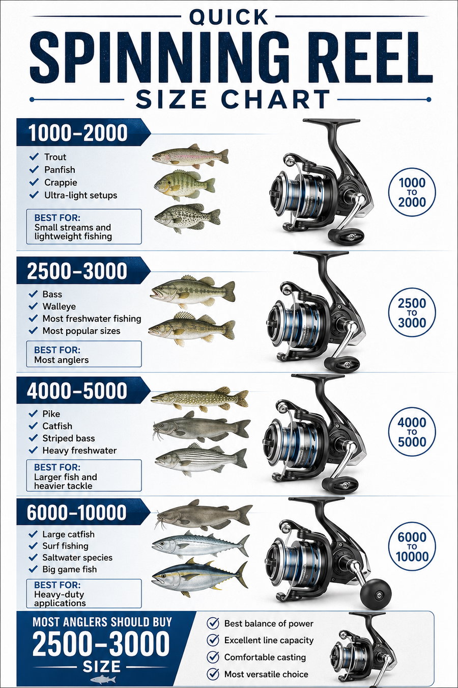 Spinning reel size chart comparing 1000, 2500-3000, 4000-5000, and 6000-10000 reel sizes for trout, bass, catfish, and saltwater fishing
