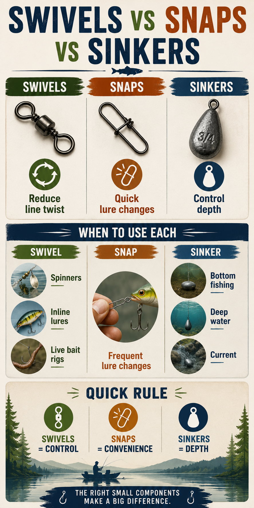 Swivels, snaps, and sinkers comparison chart for fishing techniques.