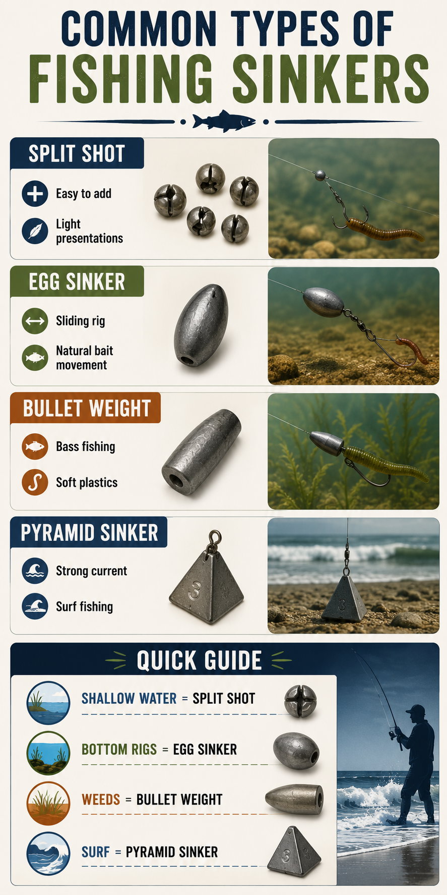 Common types of fishing sinkers with descriptions and usage tips.