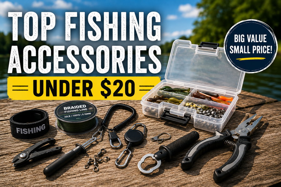 Fishing accessories including tools, braided line, and lures displayed on a wooden surface.