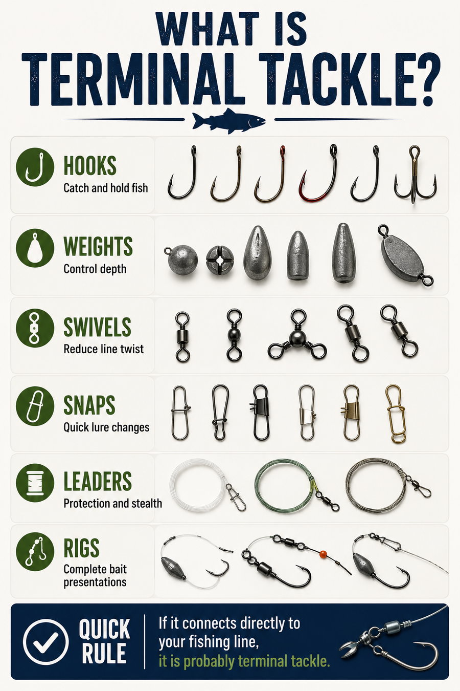 Terminal tackle components including hooks, weights, swivels, snaps, leaders, and rigs.