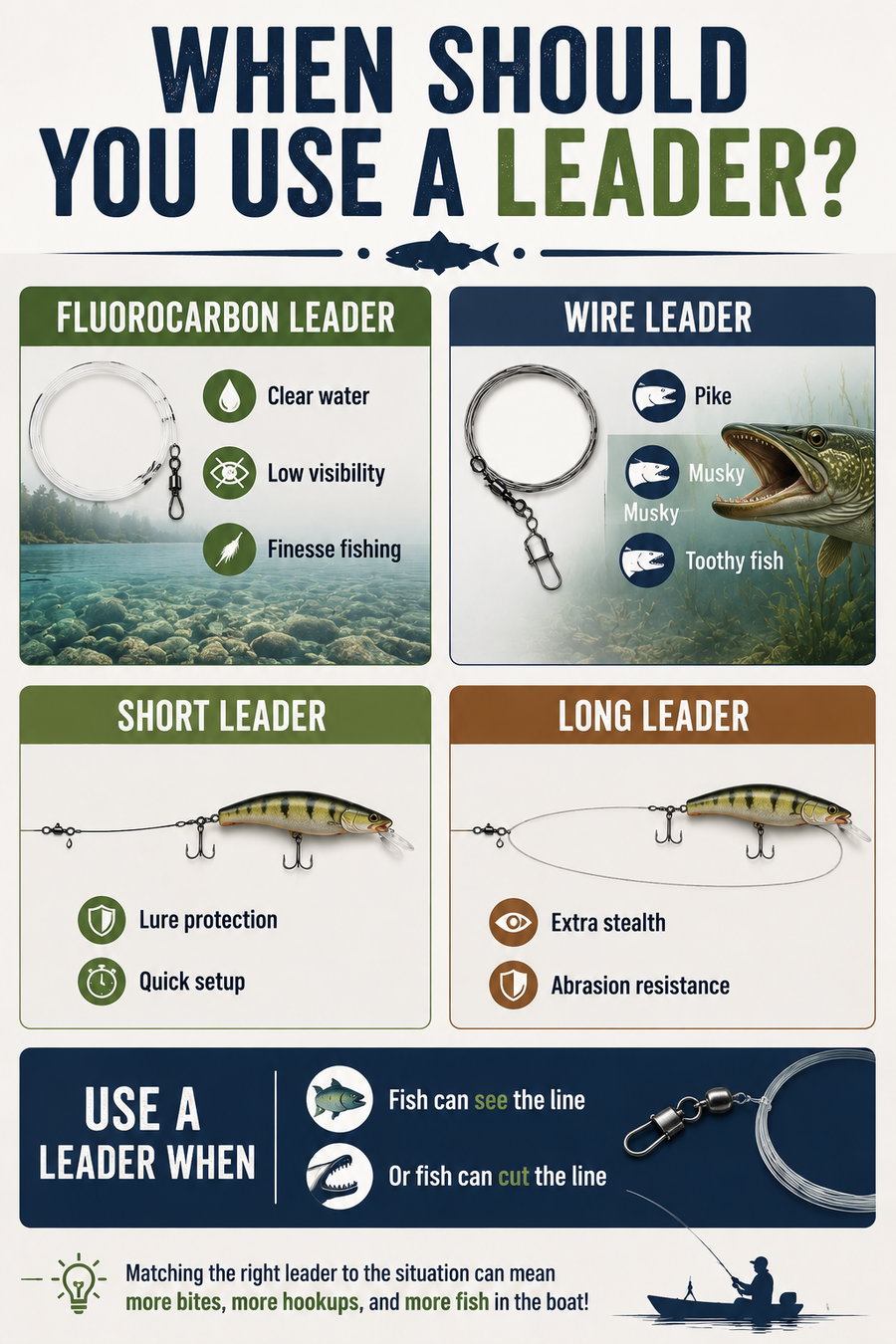 Guide on using fishing leaders with visuals for fluorocarbon and wire options.