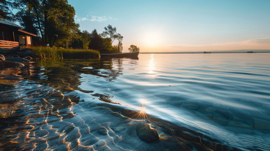 Calm sunrise over a clear lake with soft reflections and gentle morning haze.