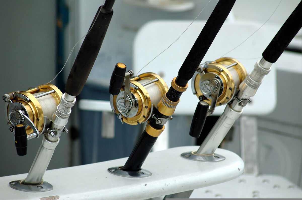 Three gold Penn conventional fishing reels mounted on boat rod holders for offshore trolling
