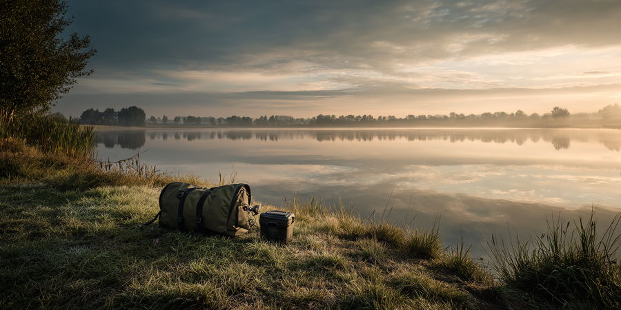 Beginner-friendly fishing gear bag and tackle box by a calm lake at sunrise, ready for a first fishing trip.